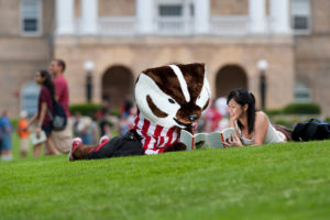 Bucky reading on Bascom Hill