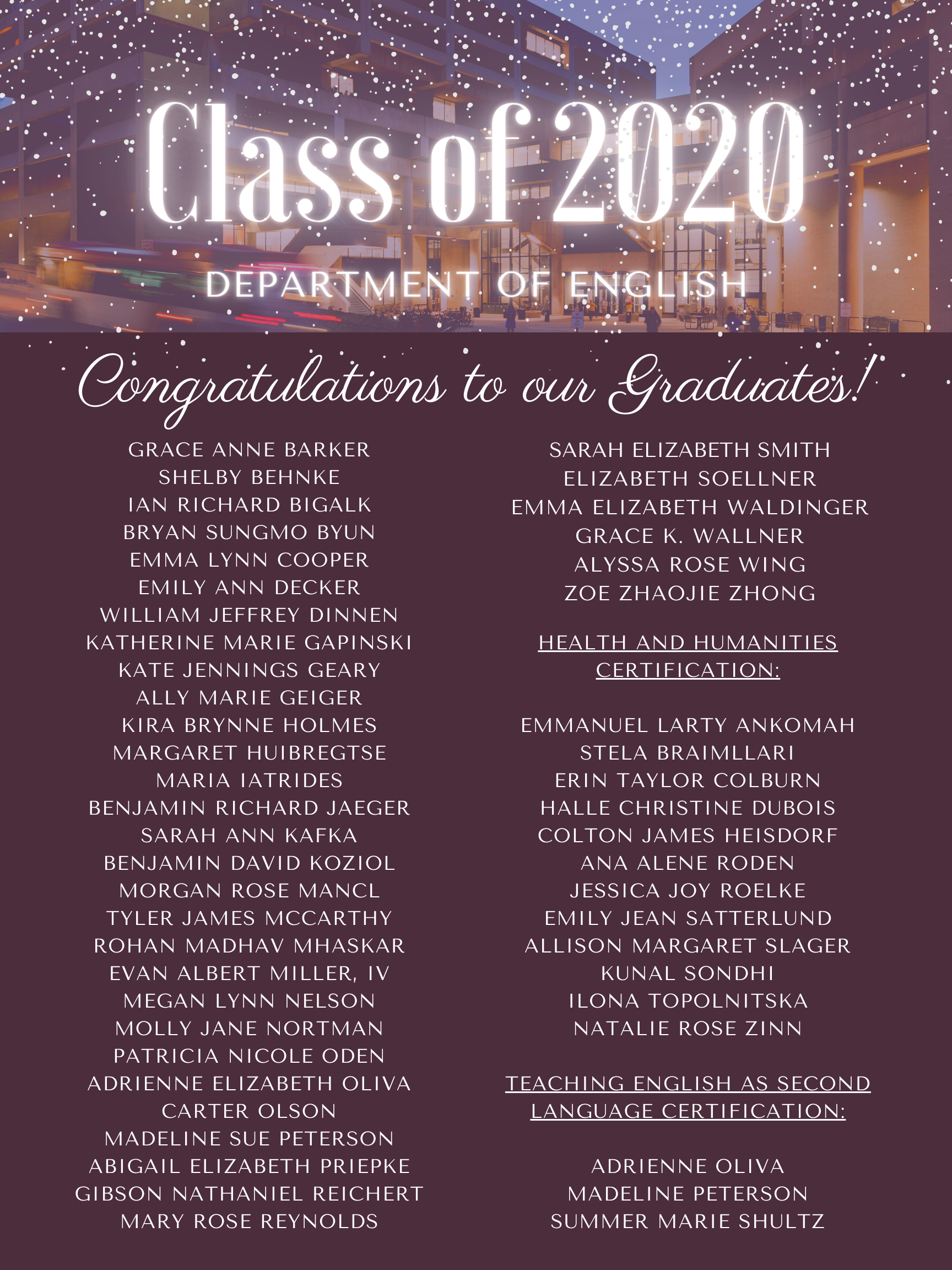 Contains a list of English department graduates.